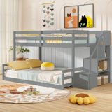 Solid Wood Twin Over Full Low Bunk Bed with Storage Stairs