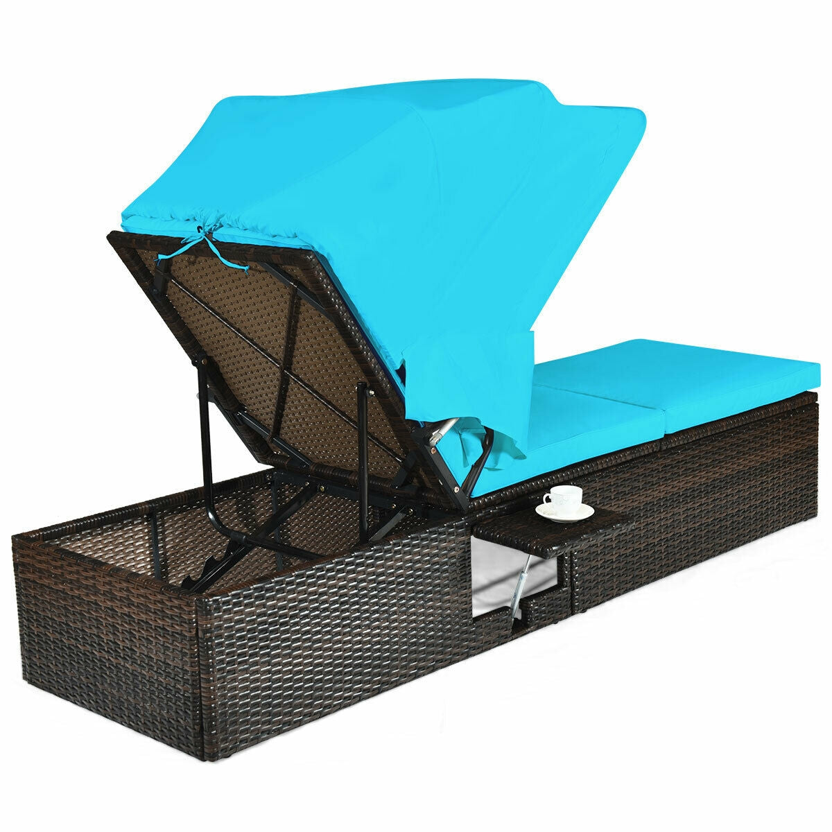 Chaise Cushioned Top Canopy Patio Rattan Lounge Chair with Tea Table