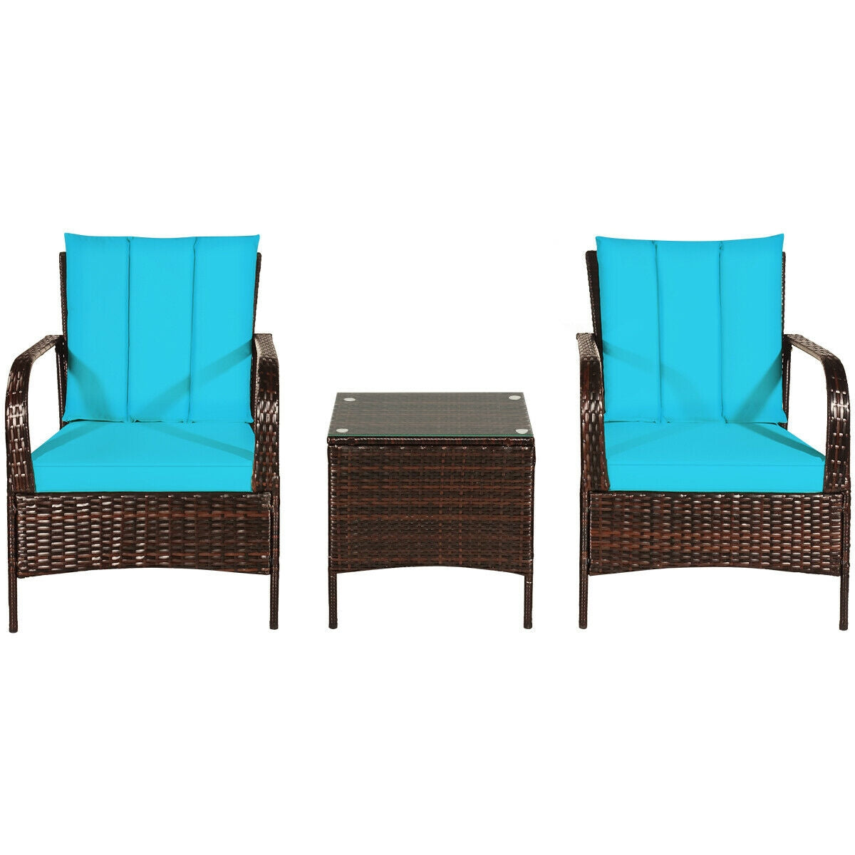 3 Pcs Patio Conversation Rattan Furniture Set with Glass Top Coffee Table and Cushions