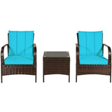 3 Pcs Patio Conversation Rattan Furniture Set with Glass Top Coffee Table and Cushions