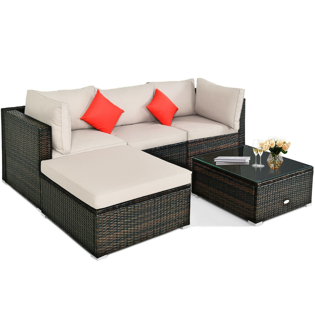 5 Pieces Outdoor Patio Rattan Furniture Set With Cushions