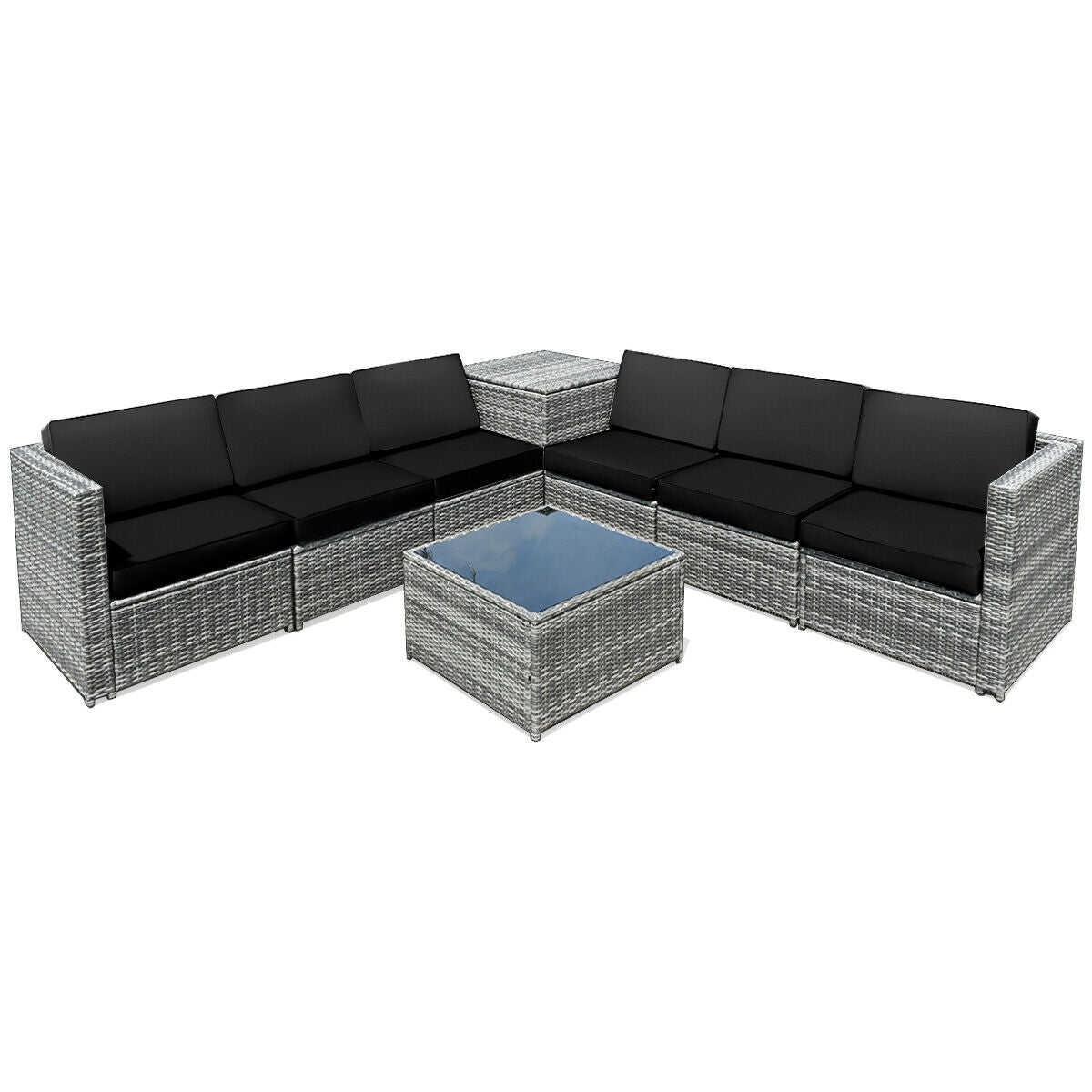 8 Piece Wicker Sofa Rattan Dinning Set Patio Furniture with Storage Table