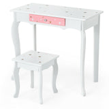 Kids Princess Vanity Table and Stool Set with Tri-folding Mirror and Drawer