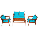 4 Pieces Acacia Wood Patio Rattan Furniture Set with Zippered Cushions