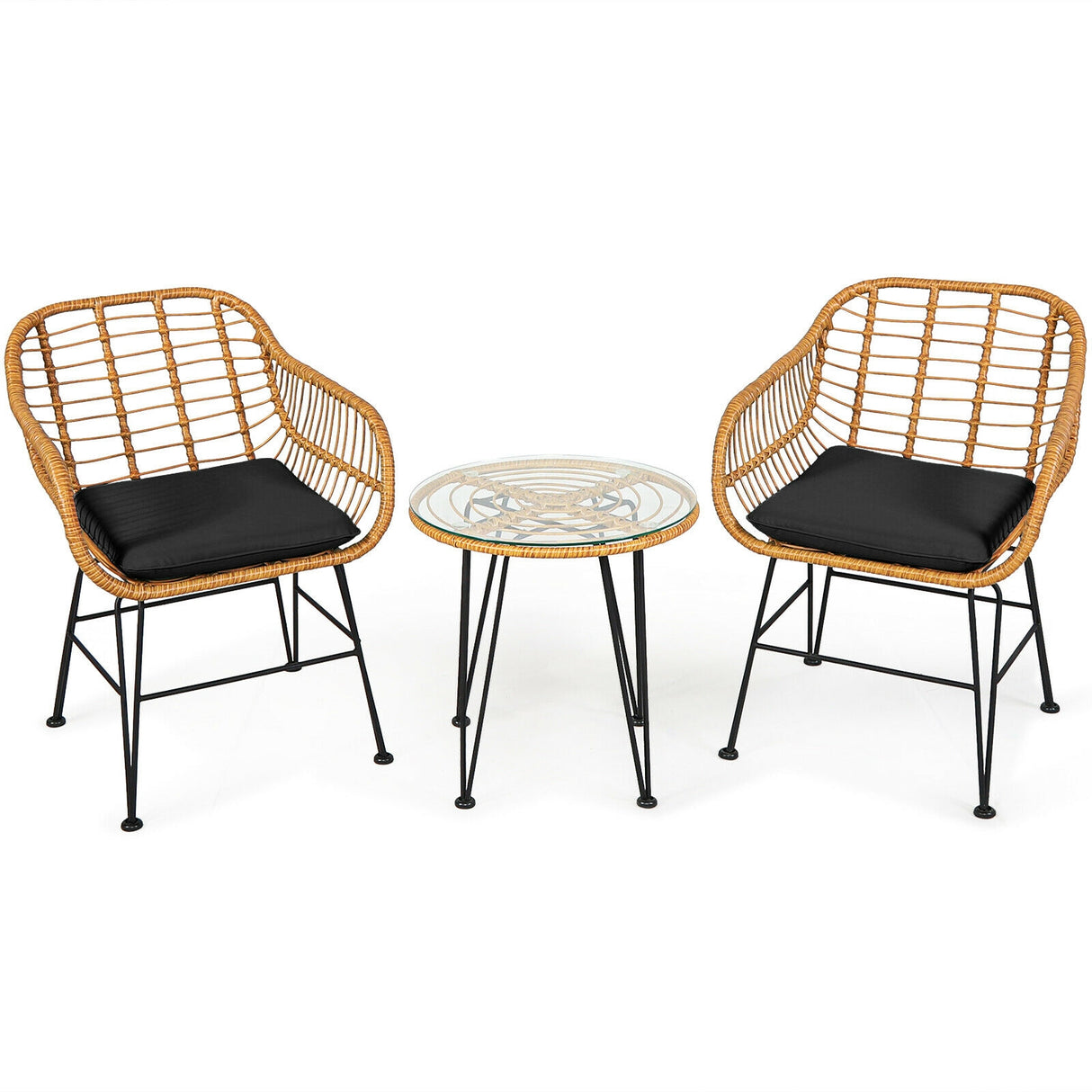 3 Pieces Rattan Furniture Set with Cushioned Chair Table