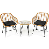 3 Pieces Rattan Furniture Set with Cushioned Chair Table