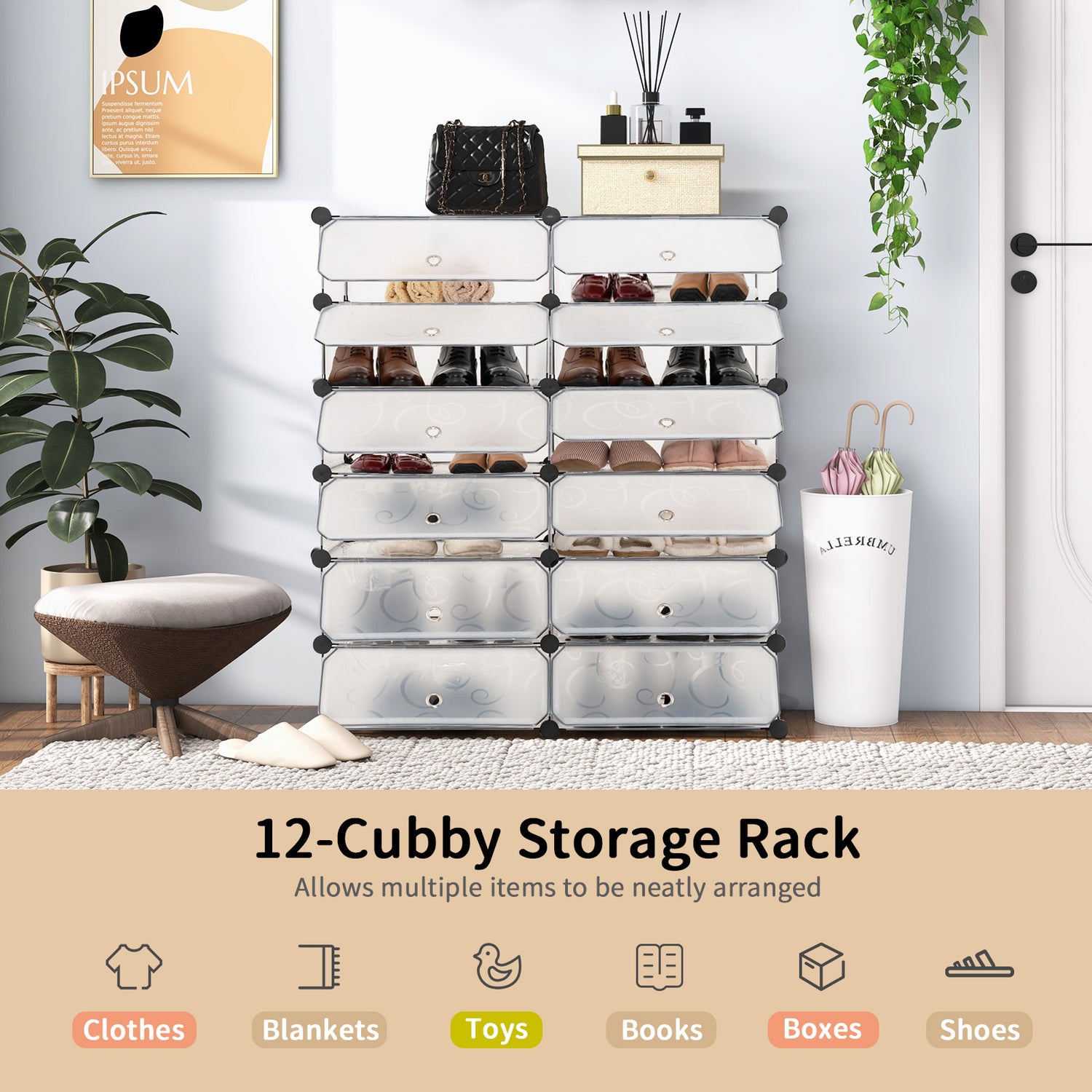 12-Cube DIY Portable Plastic Shoe Rack with Transparent Doors