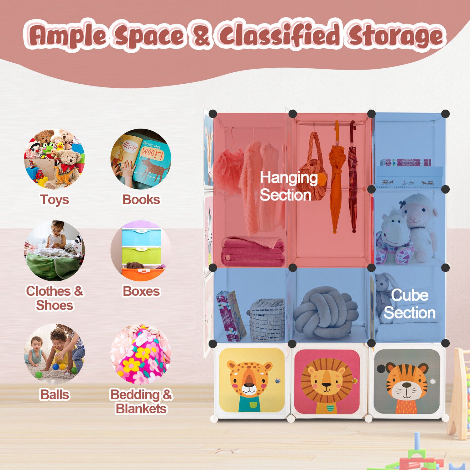 12 Cube Kids Wardrobe Closet with Hanging Section and Doors