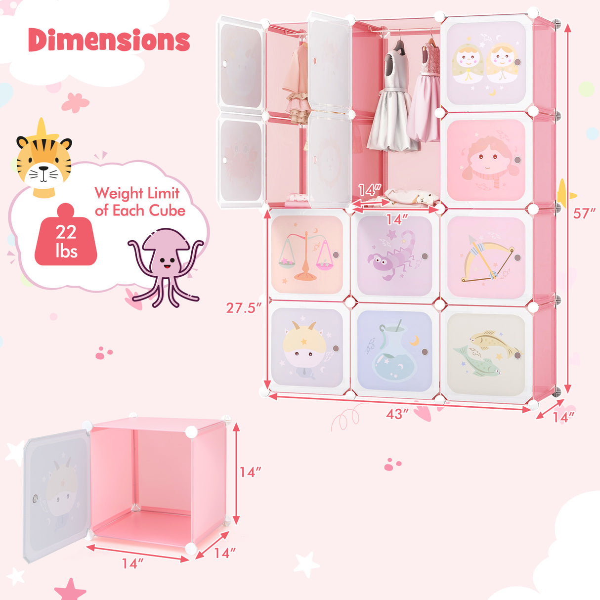 12 Cube Kids Wardrobe Closet with Hanging Section and Doors