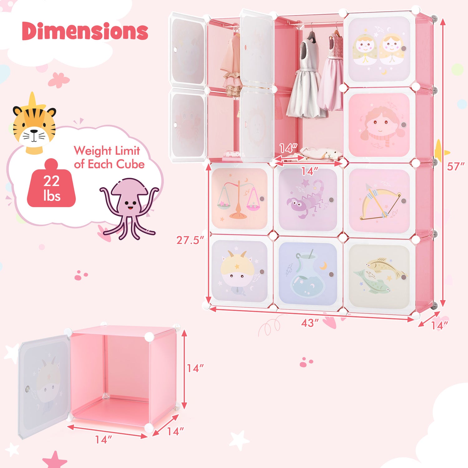 12 Cube Kids Wardrobe Closet with Hanging Section and Doors