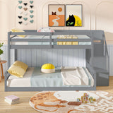Solid Wood Twin Over Full Low Bunk Bed with Storage Stairs
