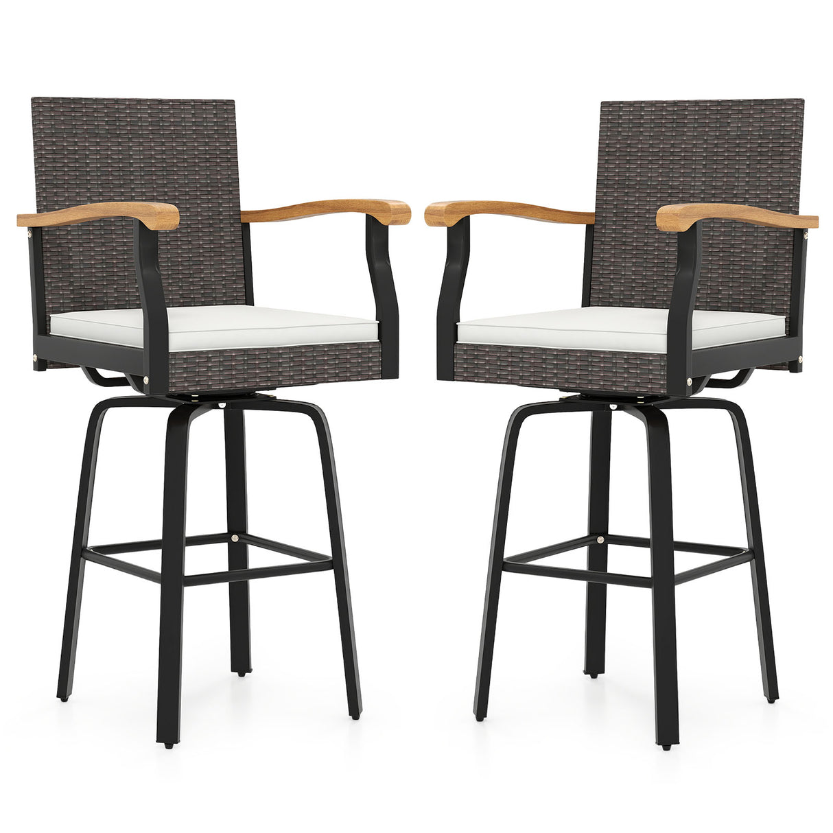 One Outdoor 360° Swivel Bar Stool with Cushion and Acacia Wood Armrests