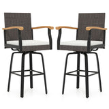 One Outdoor 360° Swivel Bar Stool with Cushion and Acacia Wood Armrests