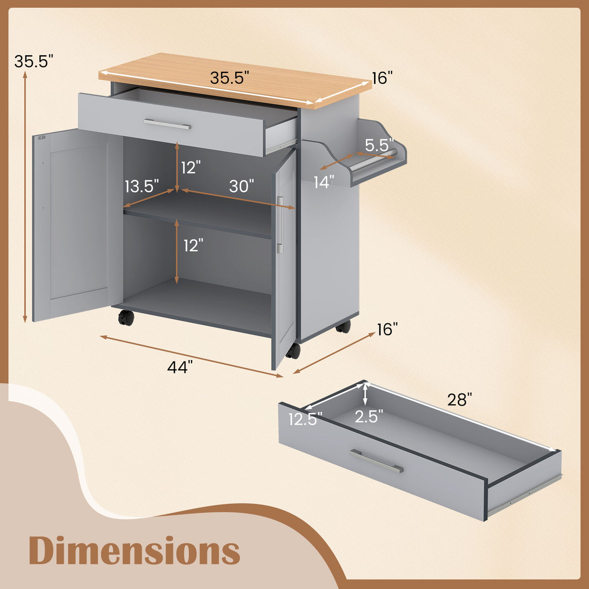 Rolling Kitchen Island Cart with Towel and Spice Rack