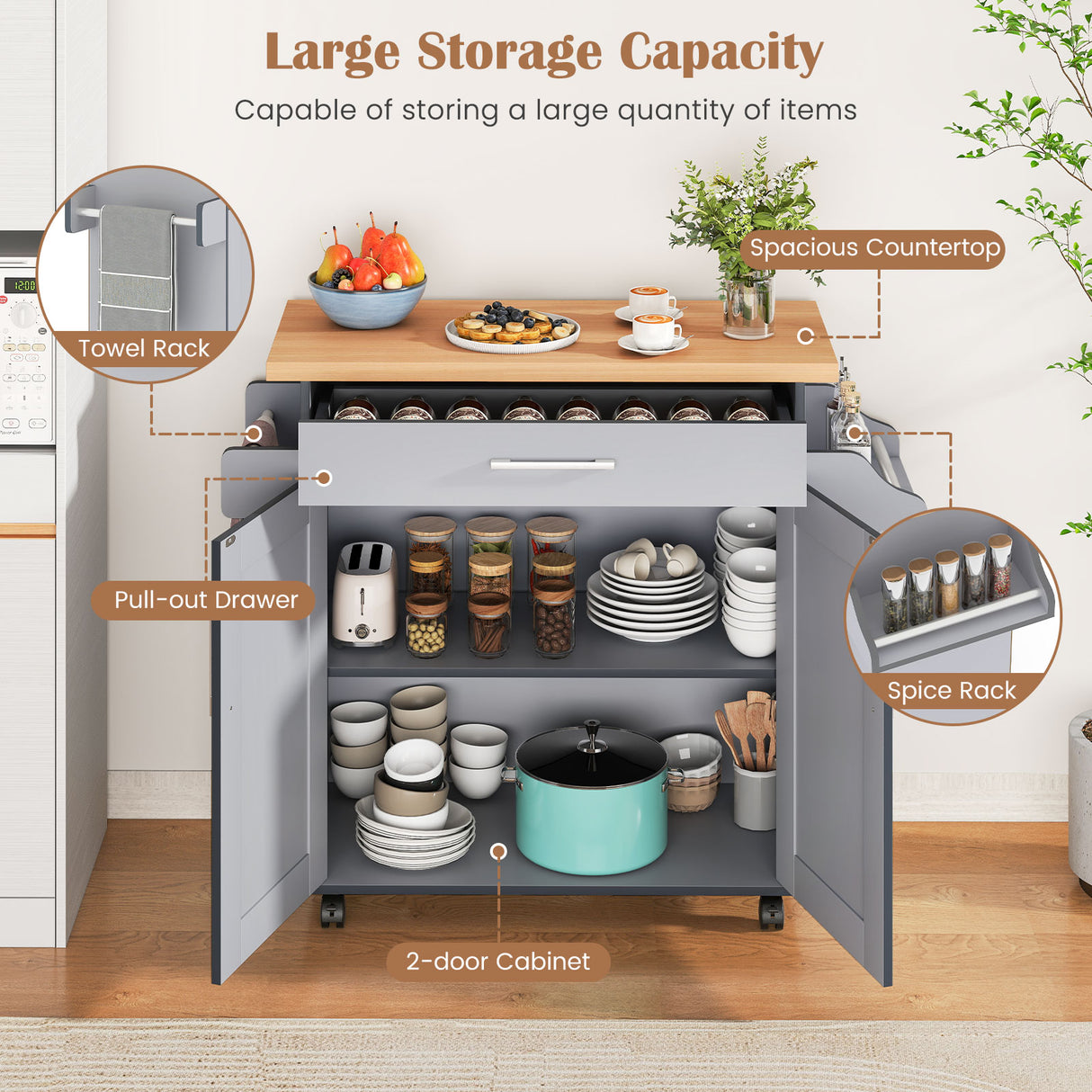 Rolling Kitchen Island Cart with Towel and Spice Rack
