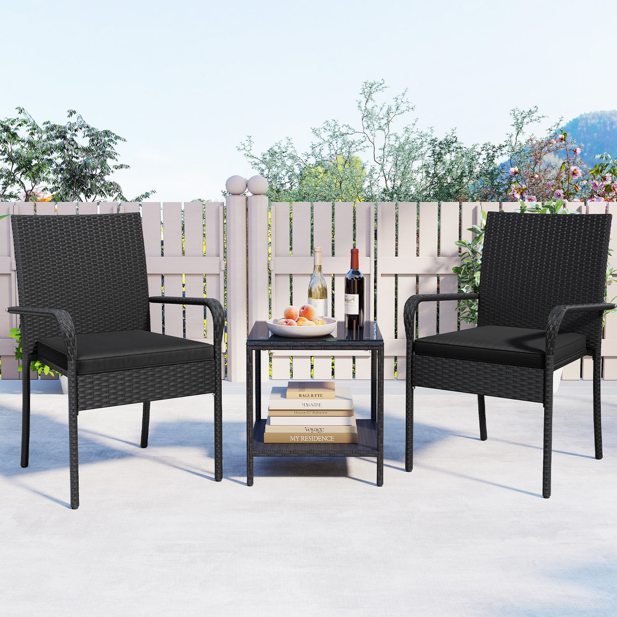 3 Piece Patio Furniture Set with Seat Cushions and Tempered Glass Tabletop