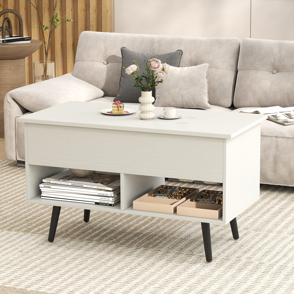 31.5 Inch Lift Top Coffee Table with Hidden Compartment and 2 Storage Shelves
