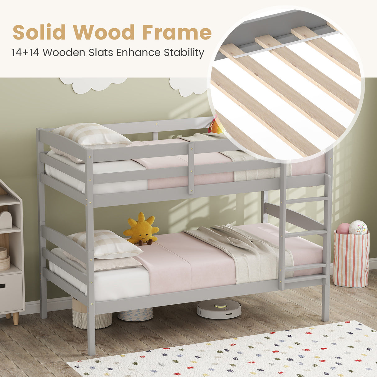 Solid Wood Twin Over Twin Bunk Bed Frame with High Guardrails and Integrated Ladder