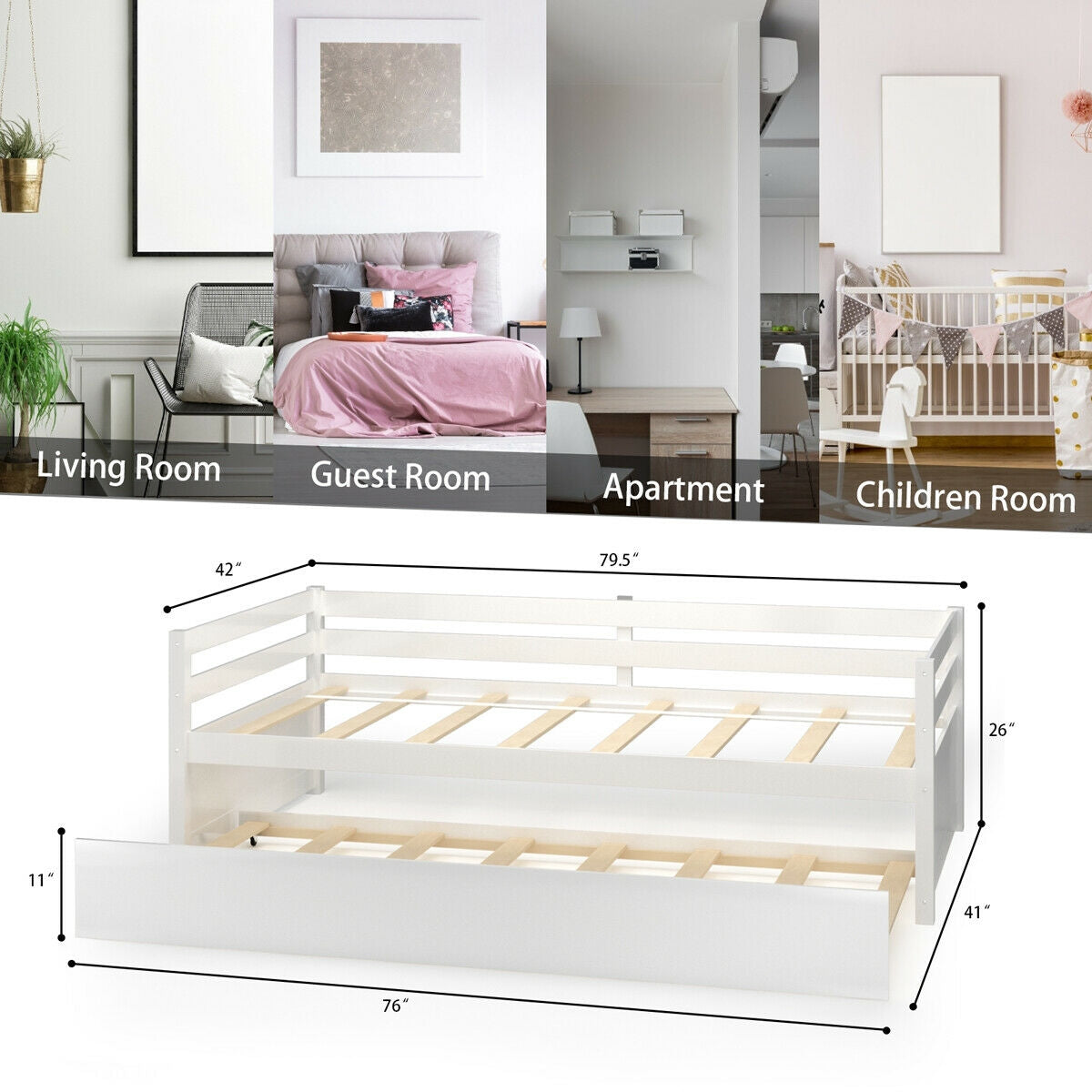 Twin Size Wooden Slat Trundle Platform