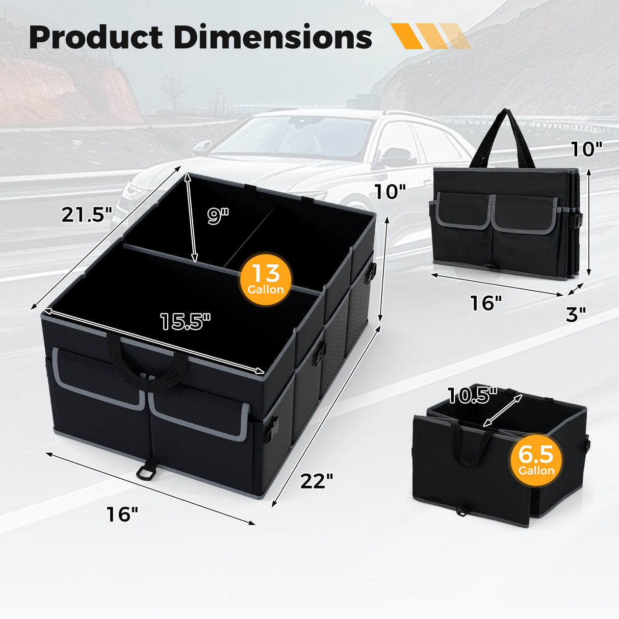 13 Gallon Car Trunk Organizer with Removable Divider and 6 Pockets-Black