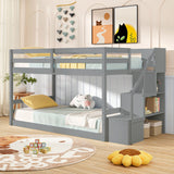 Twin Over Twin Low Bunk Bed with Storage Stairs Solid Wood Floor Bunk Bed Frame