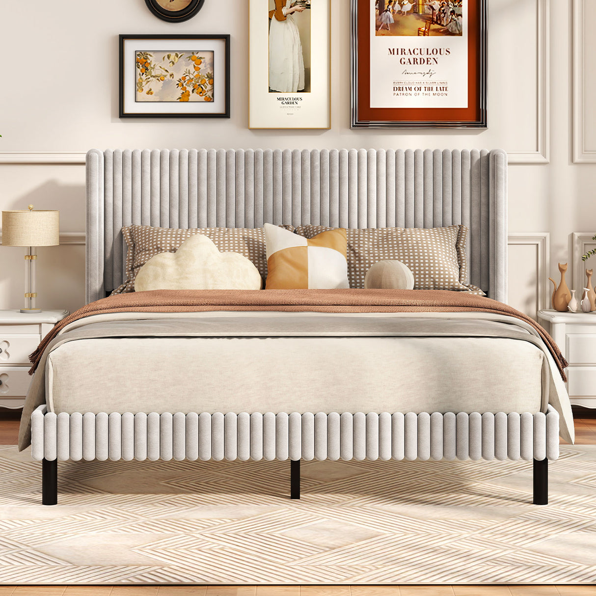 Queen Size Velvet Bed Frame with Vertical Channel Tufted Wingback Headboard-White