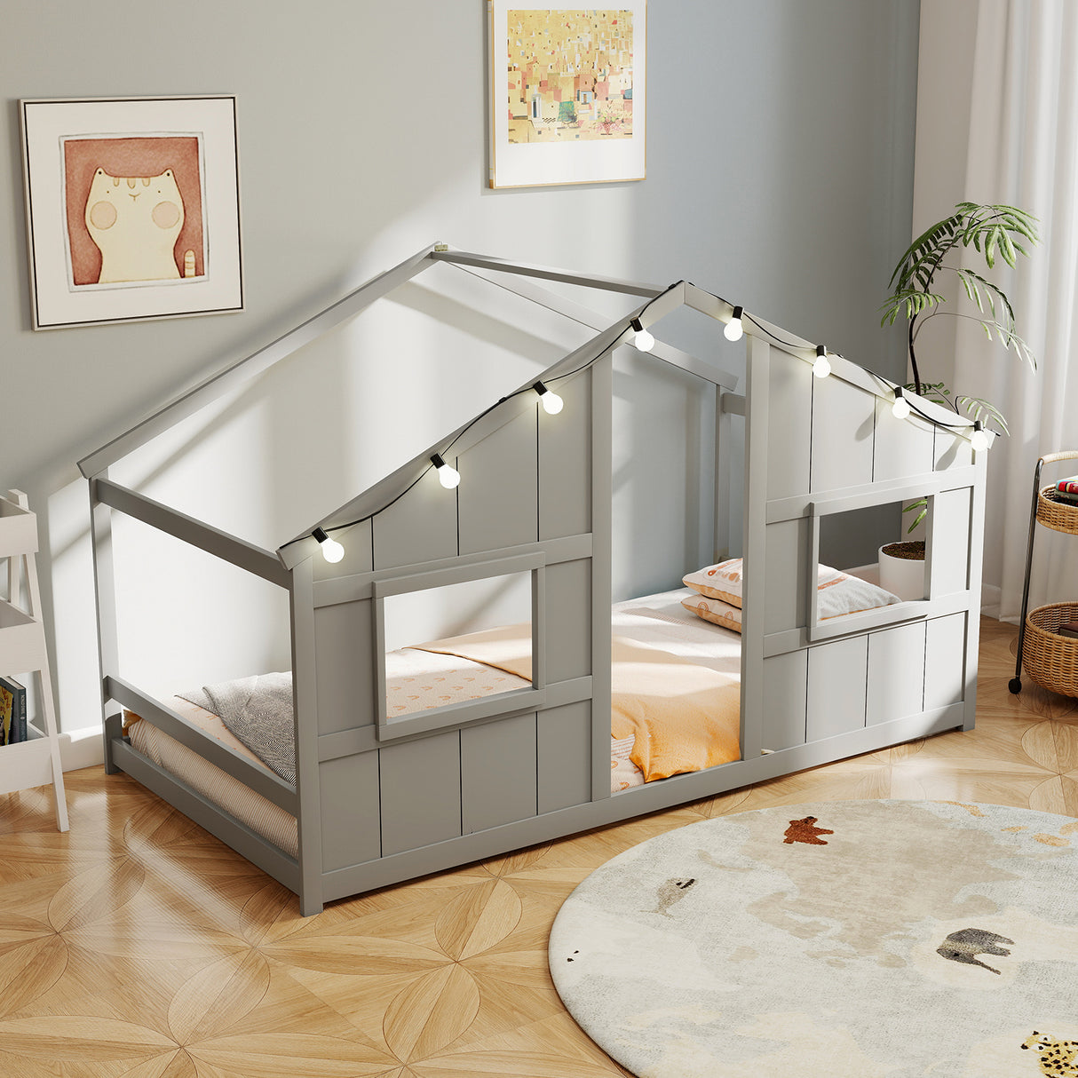 Twin Size House Bed with LED Lights Montessori Slat-free Floor Bed
