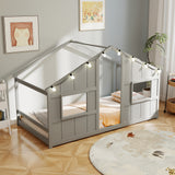 Twin Size House Bed with LED Lights Montessori Slat-free Floor Bed