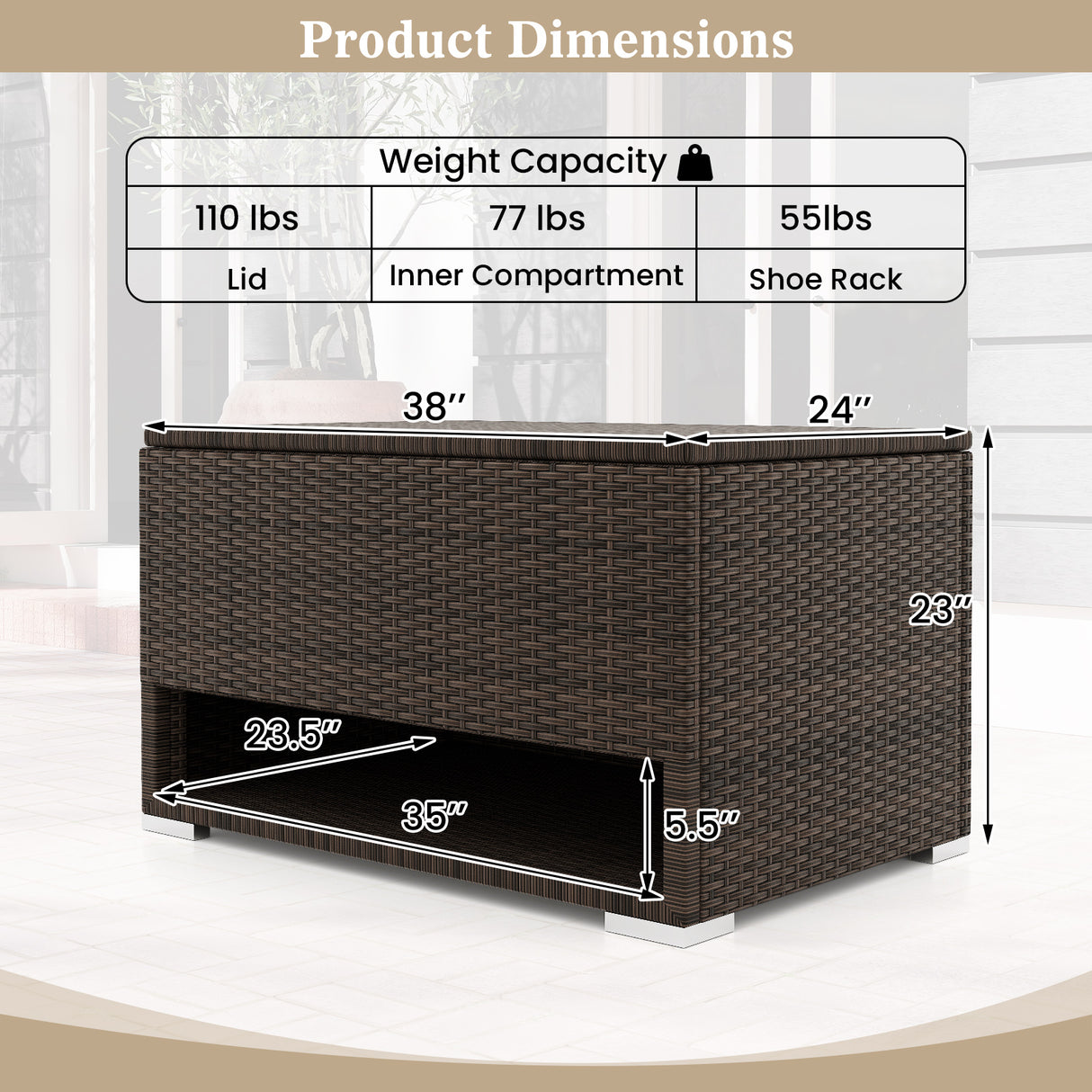 PE Rattan Storage Bin with Waterproof Liner for Patio Cushions