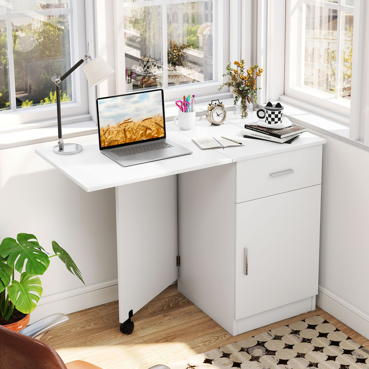 Folding Computer Desk with Drawer Mobile Home Office Desk with Cabinet