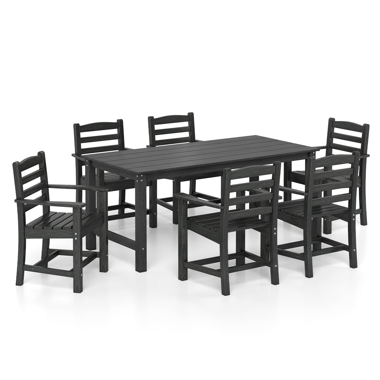 7 Pieces Outdoor Dining Table Set for 6 People 67" HDPE Patio Rectangle Table and 6 Armchairs-Black