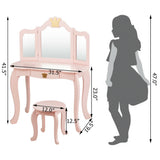 Kids Makeup Dressing Table with Tri-folding Mirror and Stool