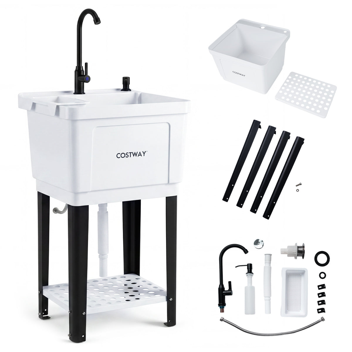 Utility Sink Laundry Tub with Rotating Faucet and Adjustable Legs