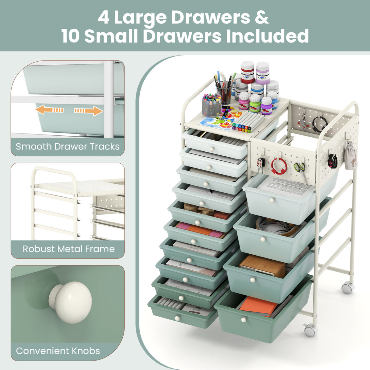 14-Drawer Rolling Storage Cart with Metal Tabletop and Pegboard