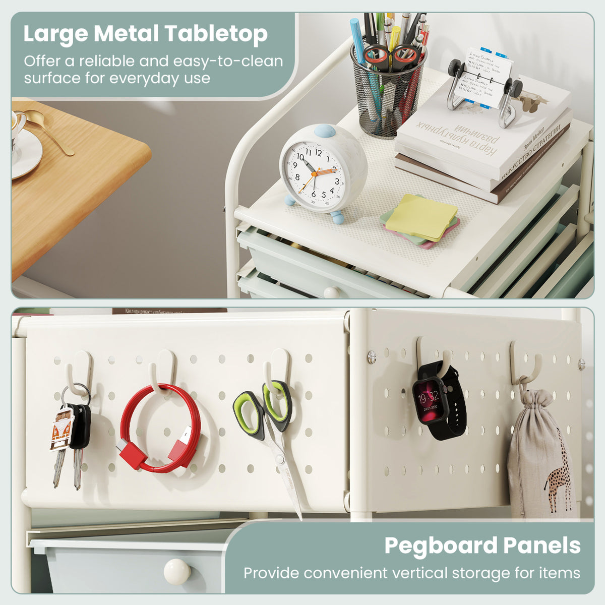 14-Drawer Rolling Storage Cart with Metal Tabletop and Pegboard