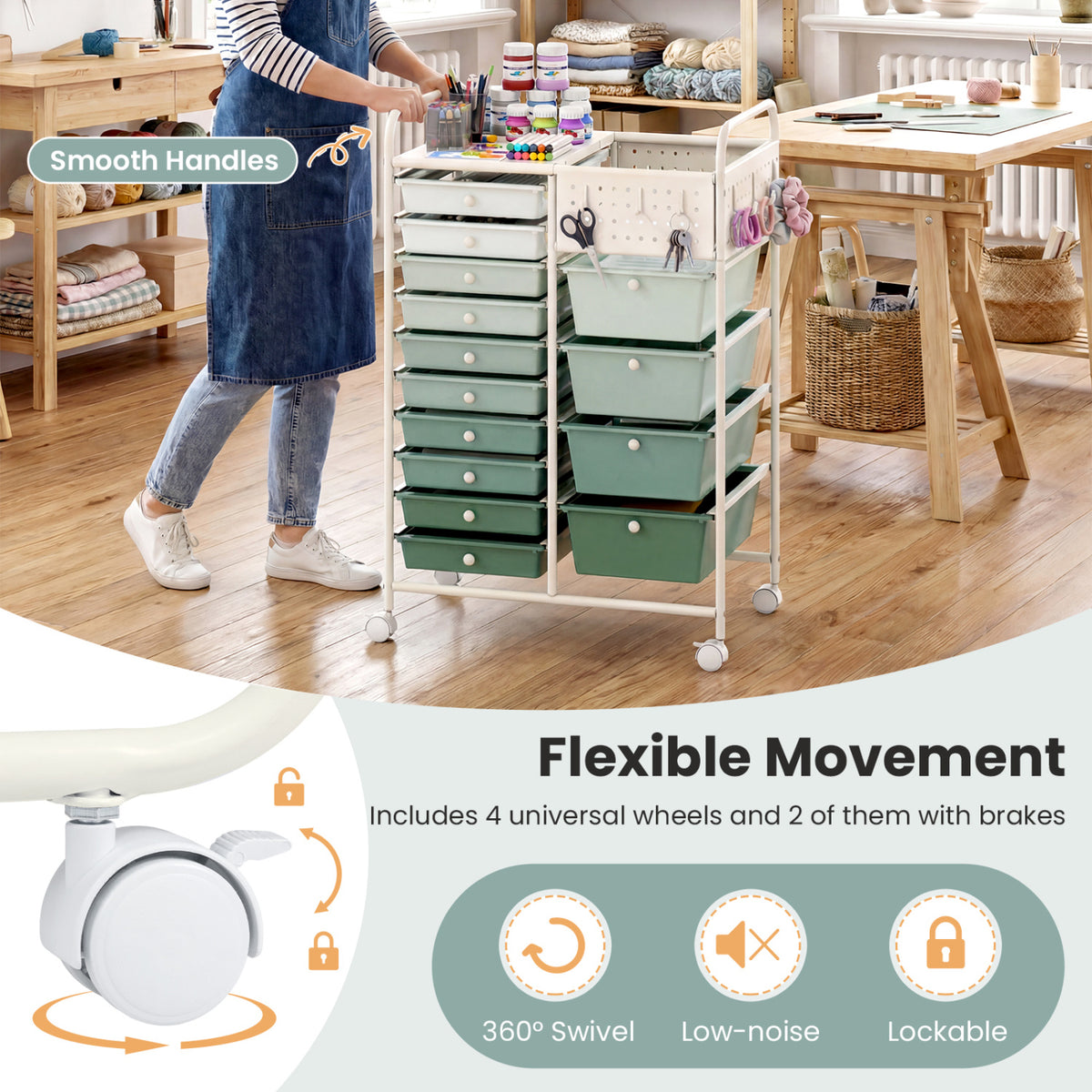 14-Drawer Rolling Storage Cart with Metal Tabletop and Pegboard