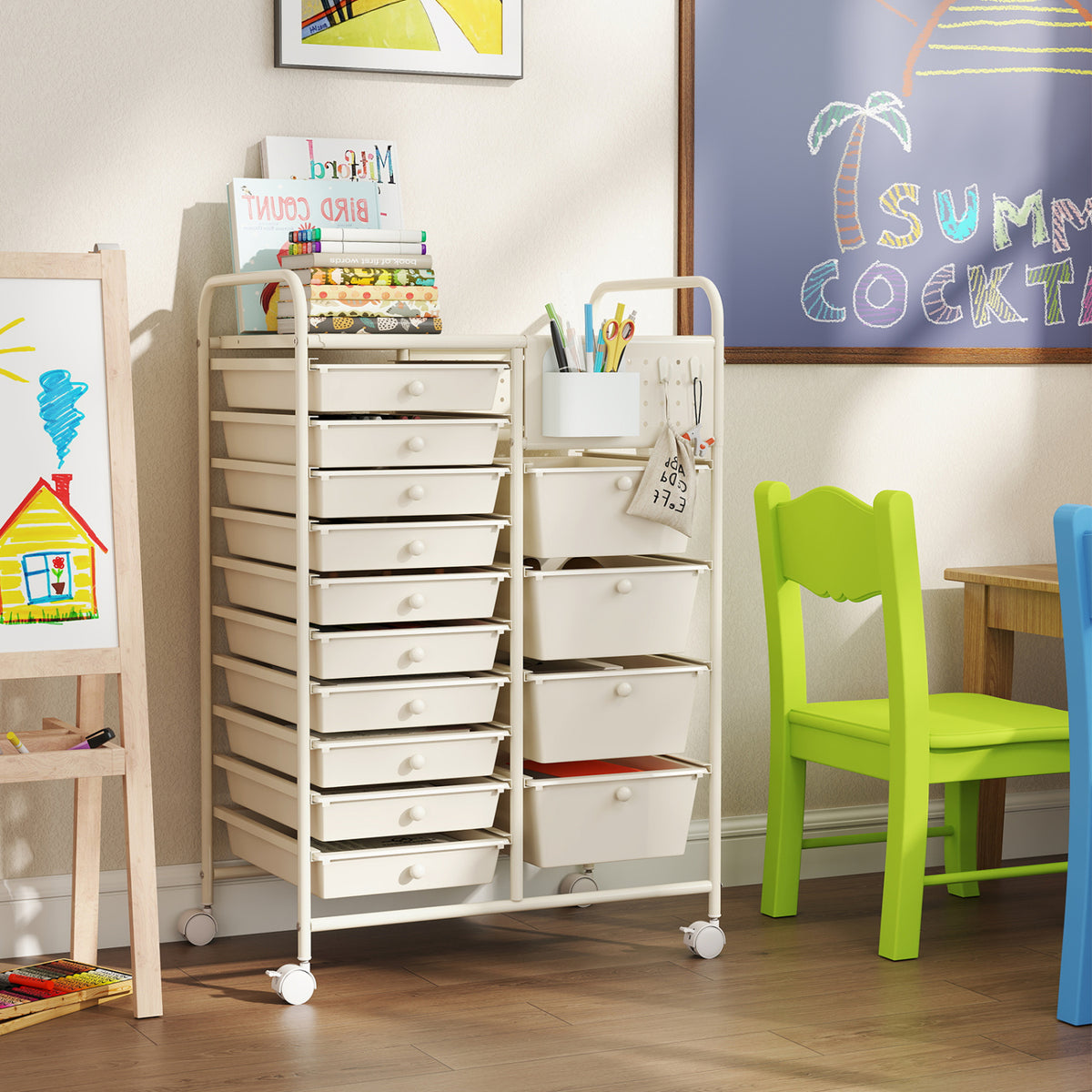 14-Drawer Rolling Storage Cart with Metal Tabletop and Pegboard