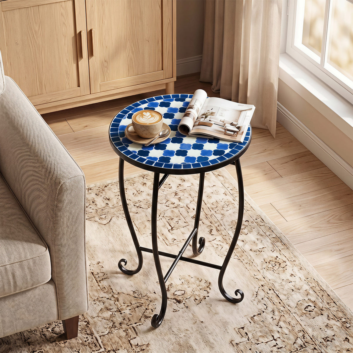 14" Floral Clover/Blooming Lotus/Bright Sunflower Mosaic Patio Accent Coffee End Table