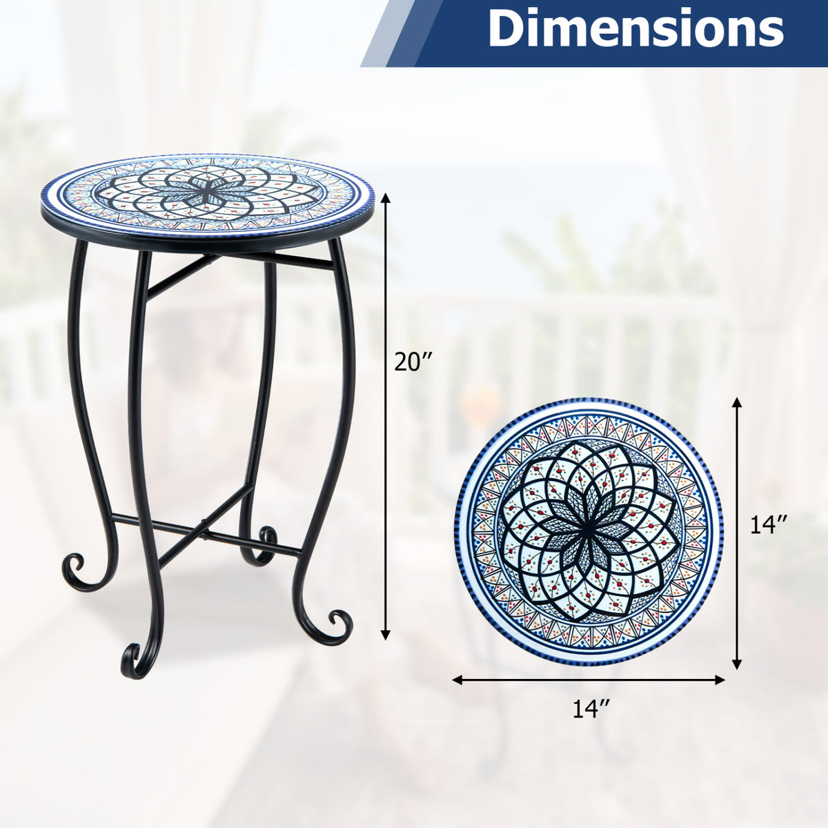 14" Floral Clover/Blooming Lotus/Bright Sunflower Mosaic Patio Accent Coffee End Table