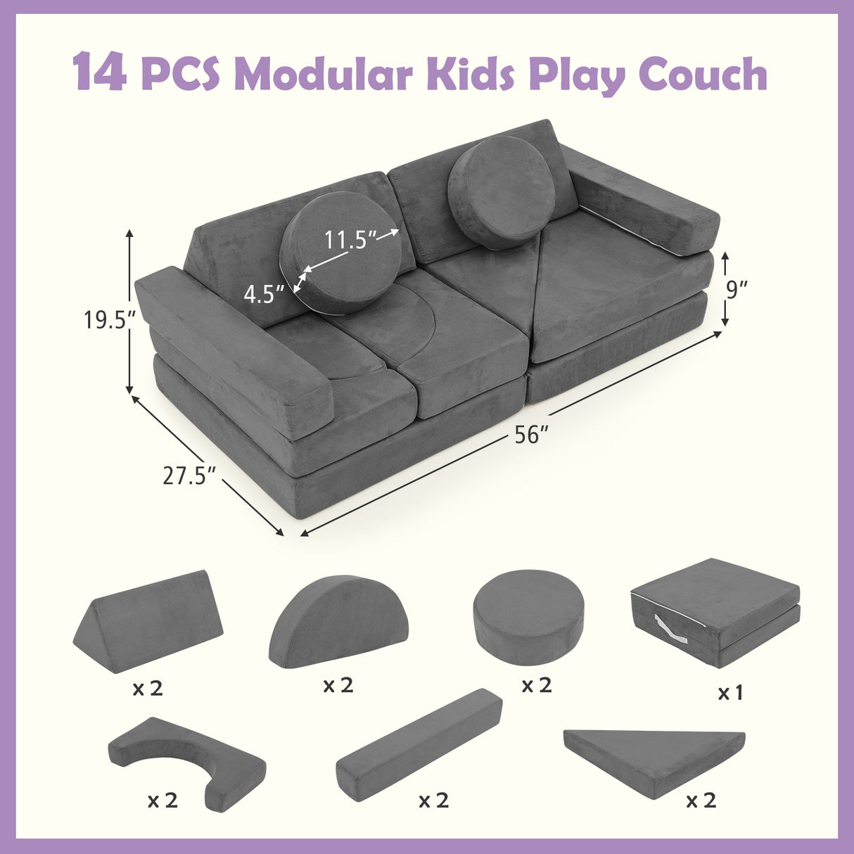 14 PCS Modular Kids Play Couch for Playroom and Bedroom