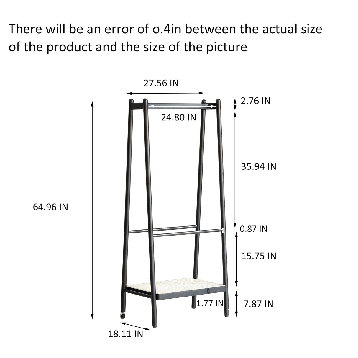 (Black) Solid Oak Wood Clothes Rack, Black Rattan Hanger Rack-clothes Rack with Shelves, Cloth Hanger Standing Garment Racks for Hanging Clothes