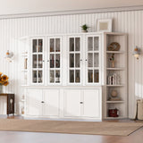 2x 75.25'' Tall Display Cabinets and Two Triangle Sided Bookshelves, 105.5'' Wide Retro Style Wall Suit with Glass Doors, for Hallways, Living room, Office, Studio or Workspace - White