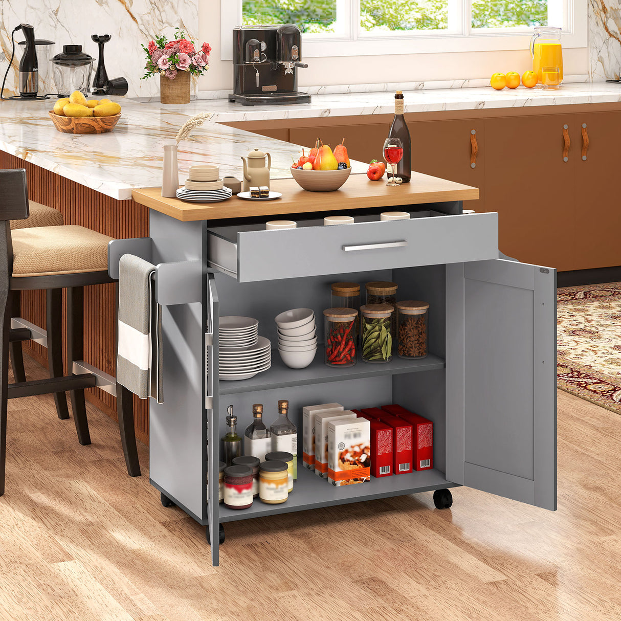 Rolling Kitchen Island Cart with Towel and Spice Rack