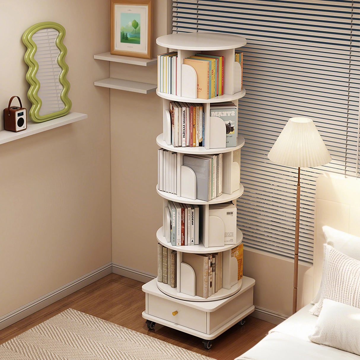 6 Tier Rotating Bookshelf with Wheels and Drawer, 360° Spinning Design, Space Saving Storage, for Home and Office, White MDF