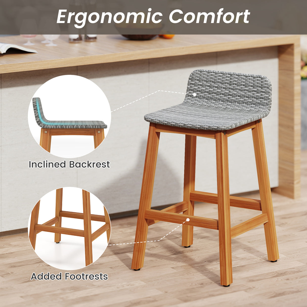 Solid Acacia Wood Bar Stools Set of 2 with Backrests and Footrests for Porch