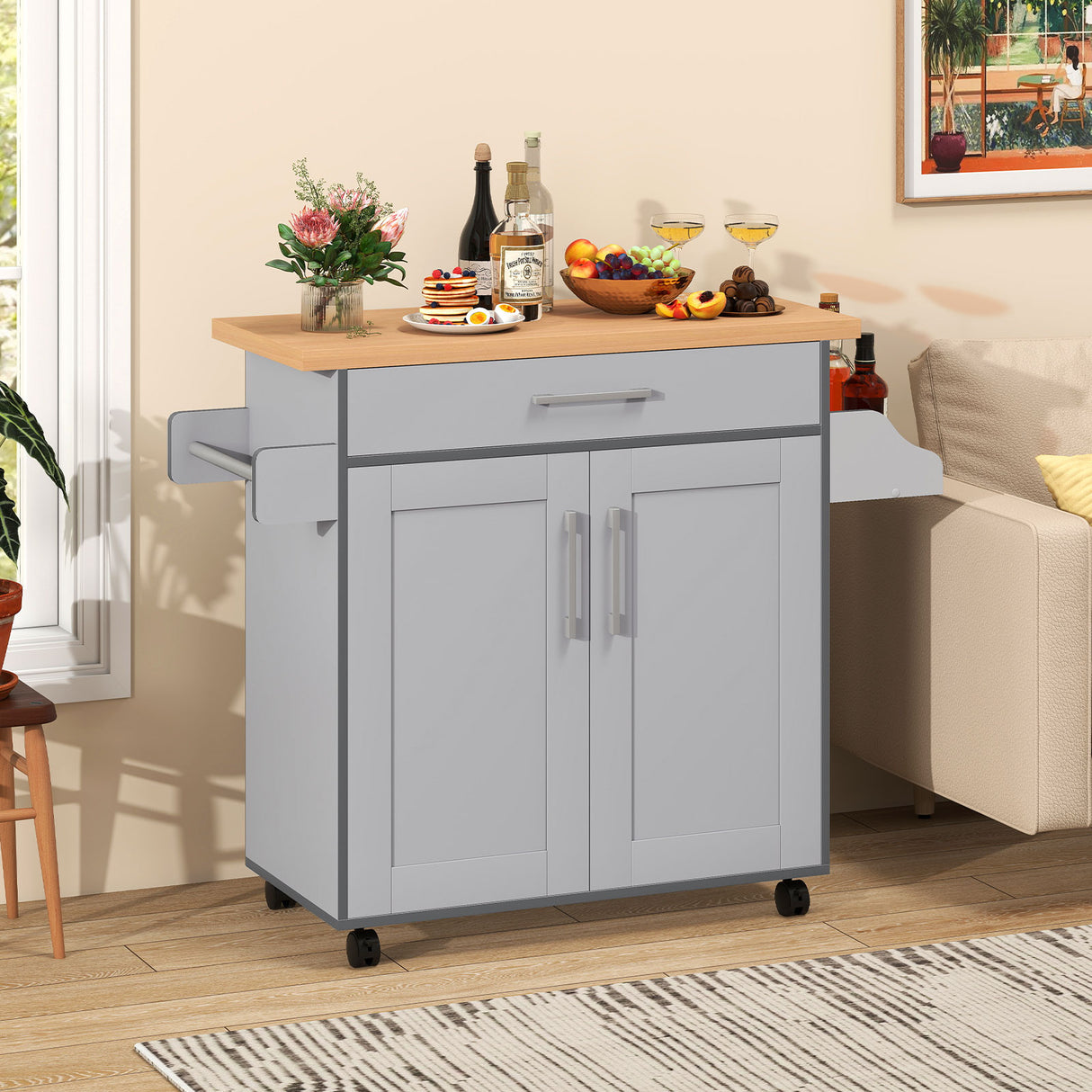 Rolling Kitchen Island Cart with Towel and Spice Rack