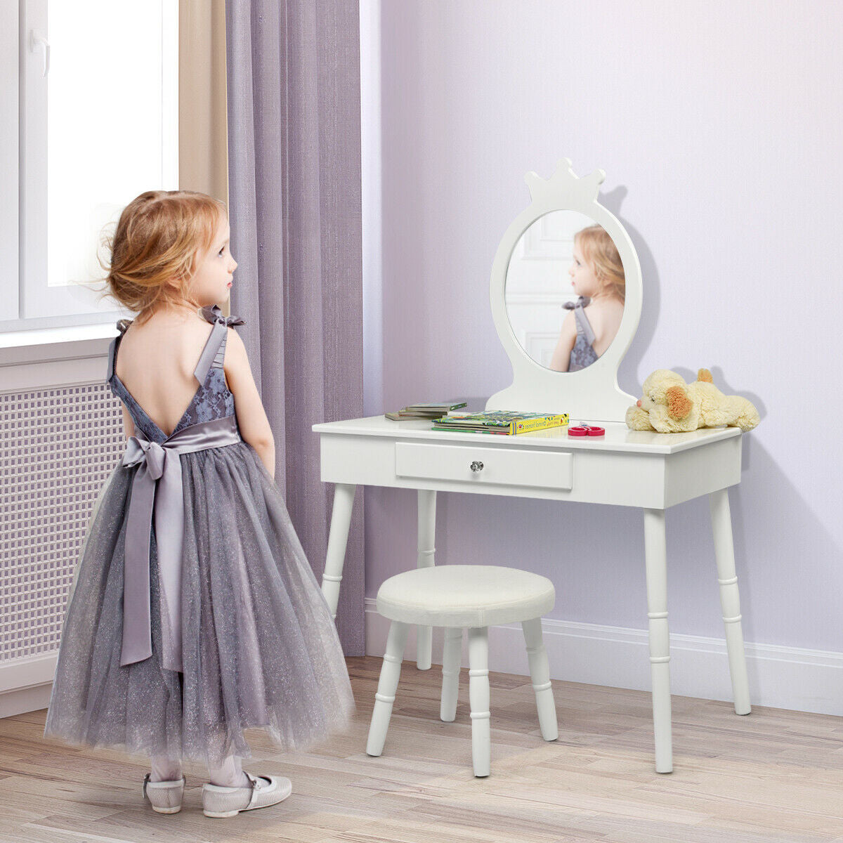 Kids Vanity Makeup Table and Chair Set Make Up Stool