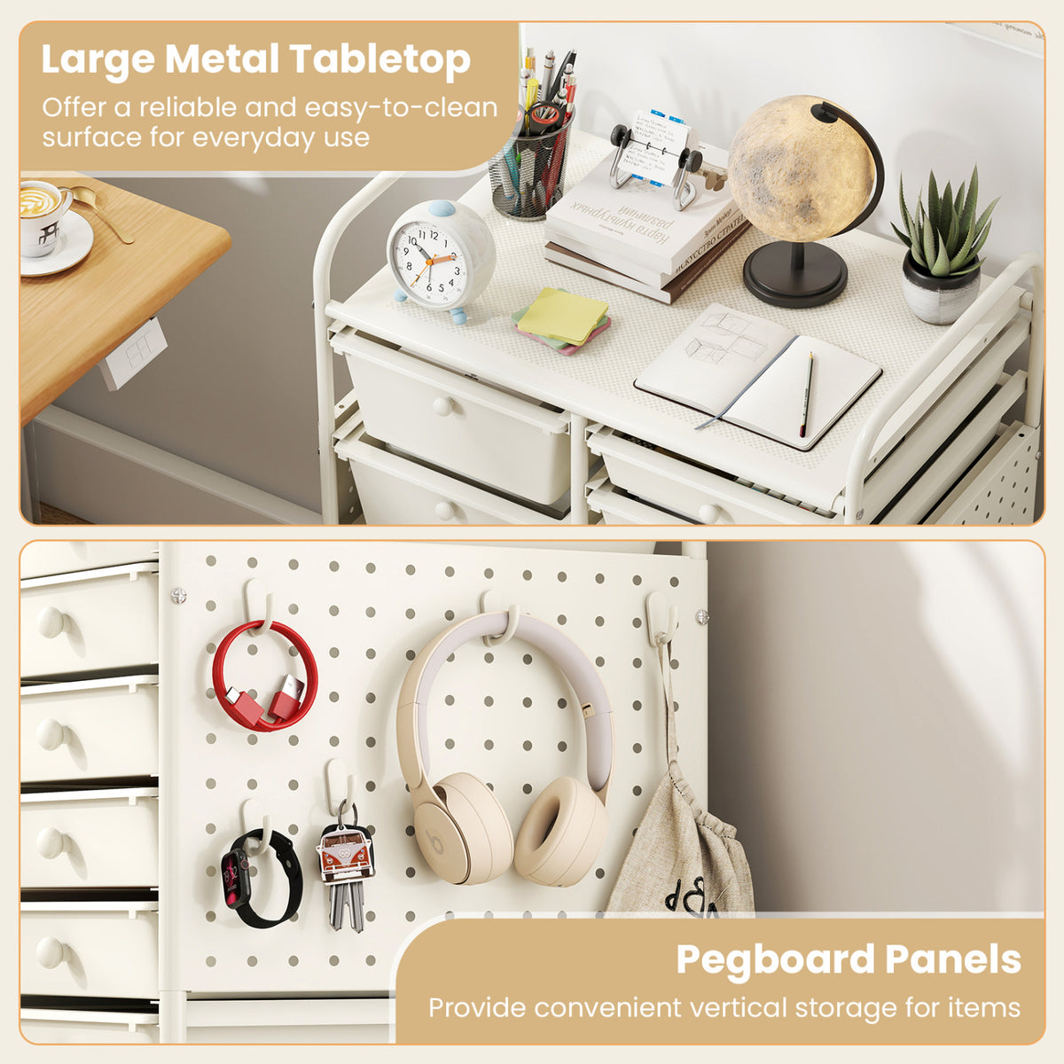 15-Drawer Rolling Storage Cart with Metal Tabletop and Pegboard