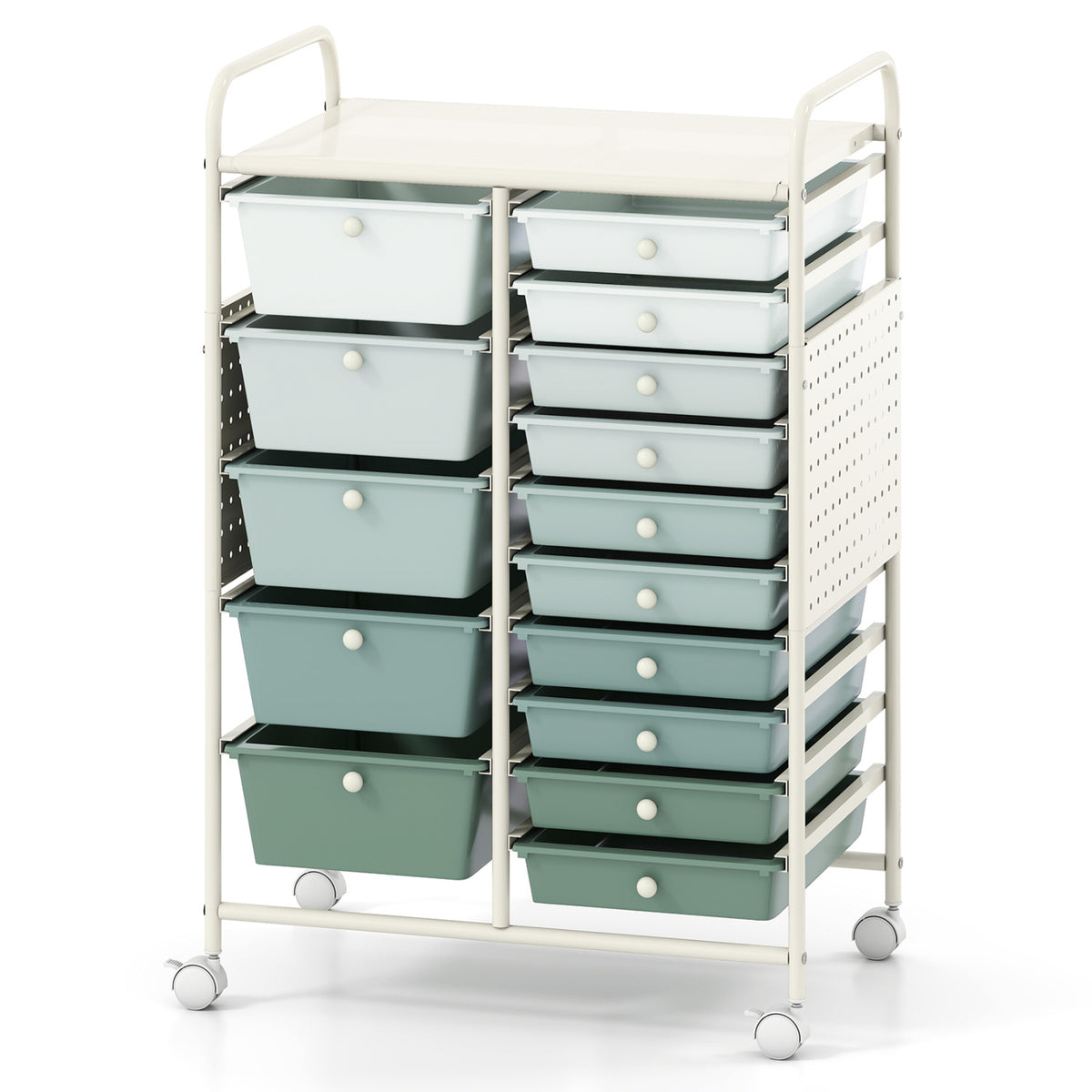 15-Drawer Rolling Storage Cart with Metal Tabletop and Pegboard