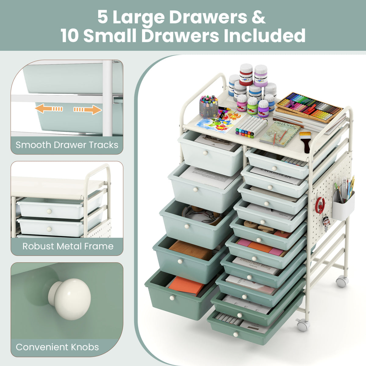 15-Drawer Rolling Storage Cart with Metal Tabletop and Pegboard